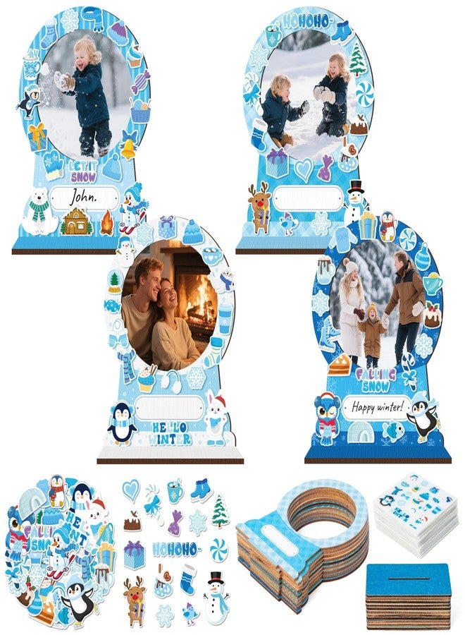 TICIAGA DIY Winter Wooden Photo Frame - 16 Set Winter Snow Globe Wooden Picture Frame with Polar Animal Snowman Snowflake Penguin Reindeer Felt Stickers for Holiday Classroom Activities - Image 1